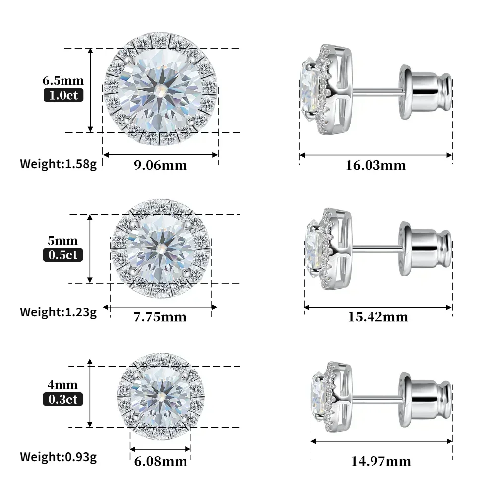 Moissanite Stud Earrings 18K White Gold Plated 925 Sterling Silver Round Cut Lab Diamond Earrings for Women Wedding Fine Jewelry