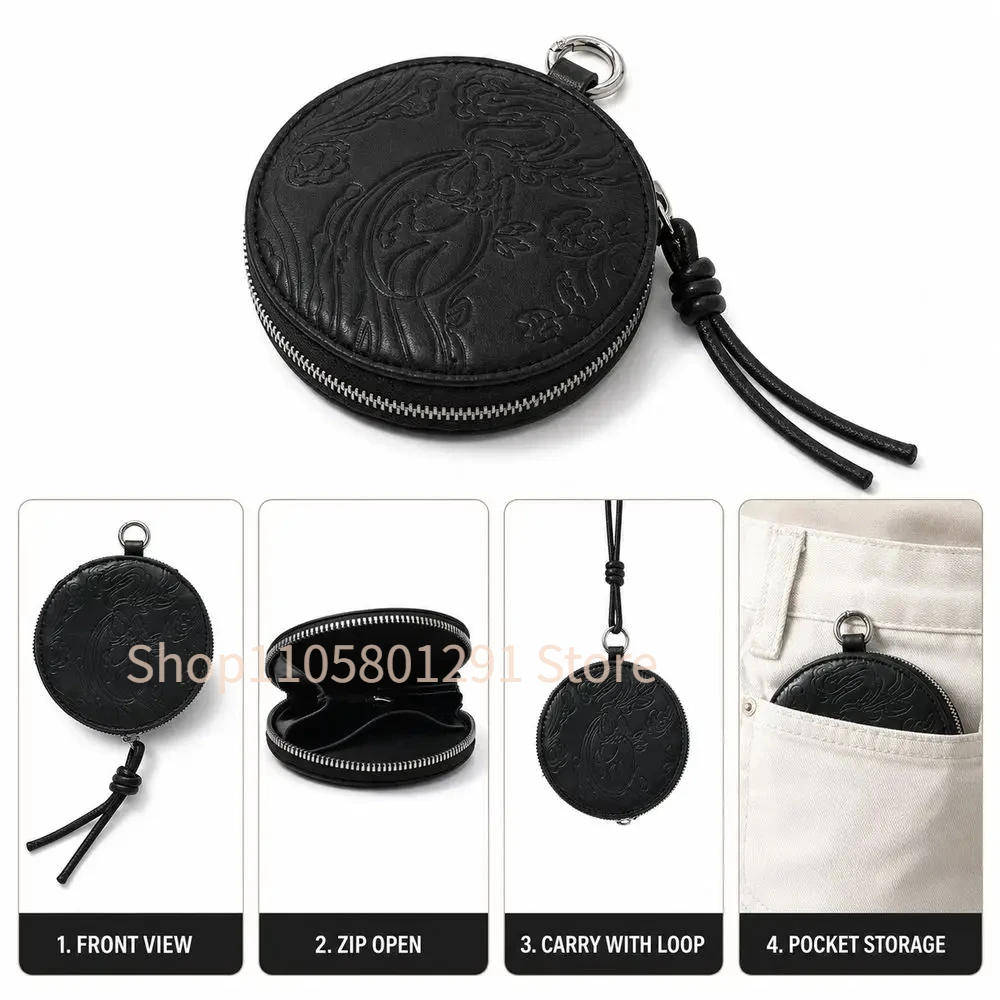 PU Leather Round Coin Purse Arirang Embossed Pattern Round Shape Zipper Coin Pouch Cord Pull Zipper Closure Small Coin Wallet