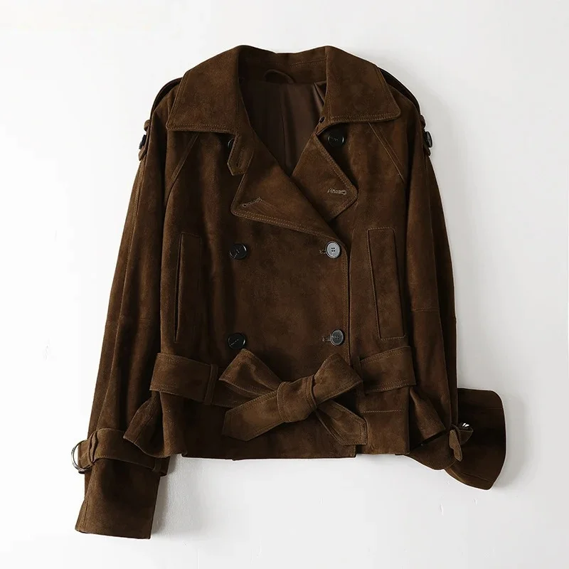 Retro Maillard Color Suede Leather Jacket For Woman Double Breast Bowknot Belt Short Coat Femme Epaulet Trench Coat