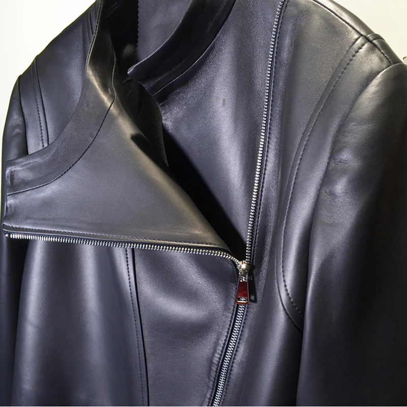 سترة قصيرة من الجلد الطبيعي للخريف والشتاء للنساء من جلد الغنم نمط جديد على الموضة الأوروبية معاطف جلدية لسائقي الدراجات النارية بسحاب أسود #4