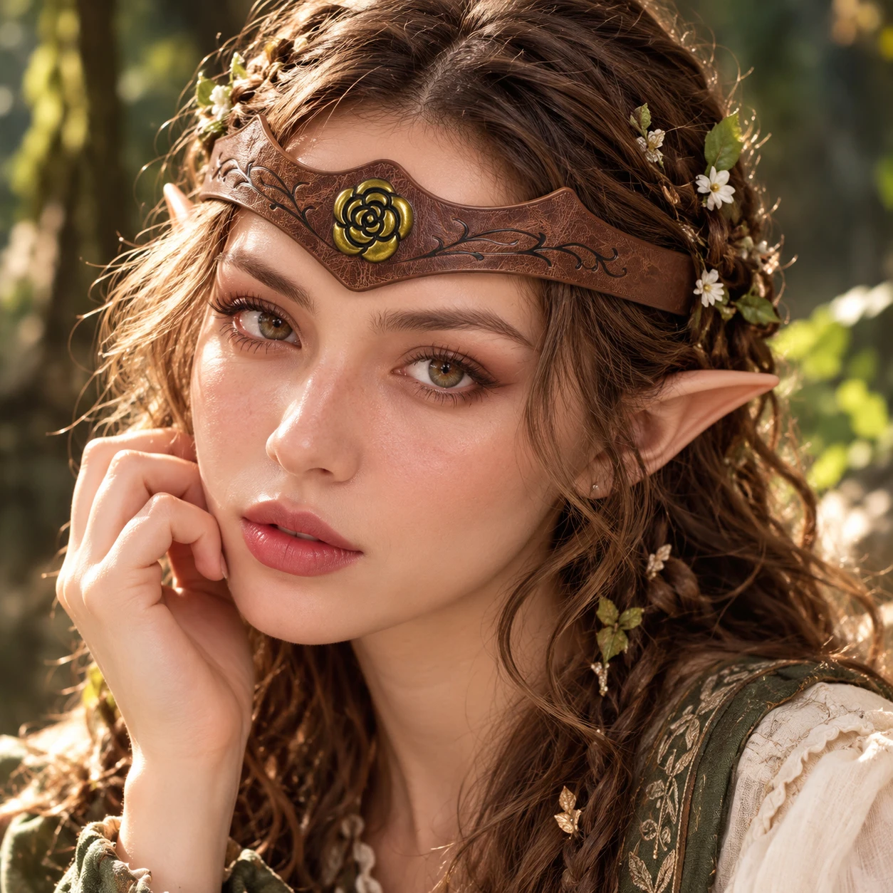 Vintage Medieval PU Leather Elf Headband, Brown/Green Vine Floral Headpiece for Women, Forest Fairy Witch Cosplay Accessory