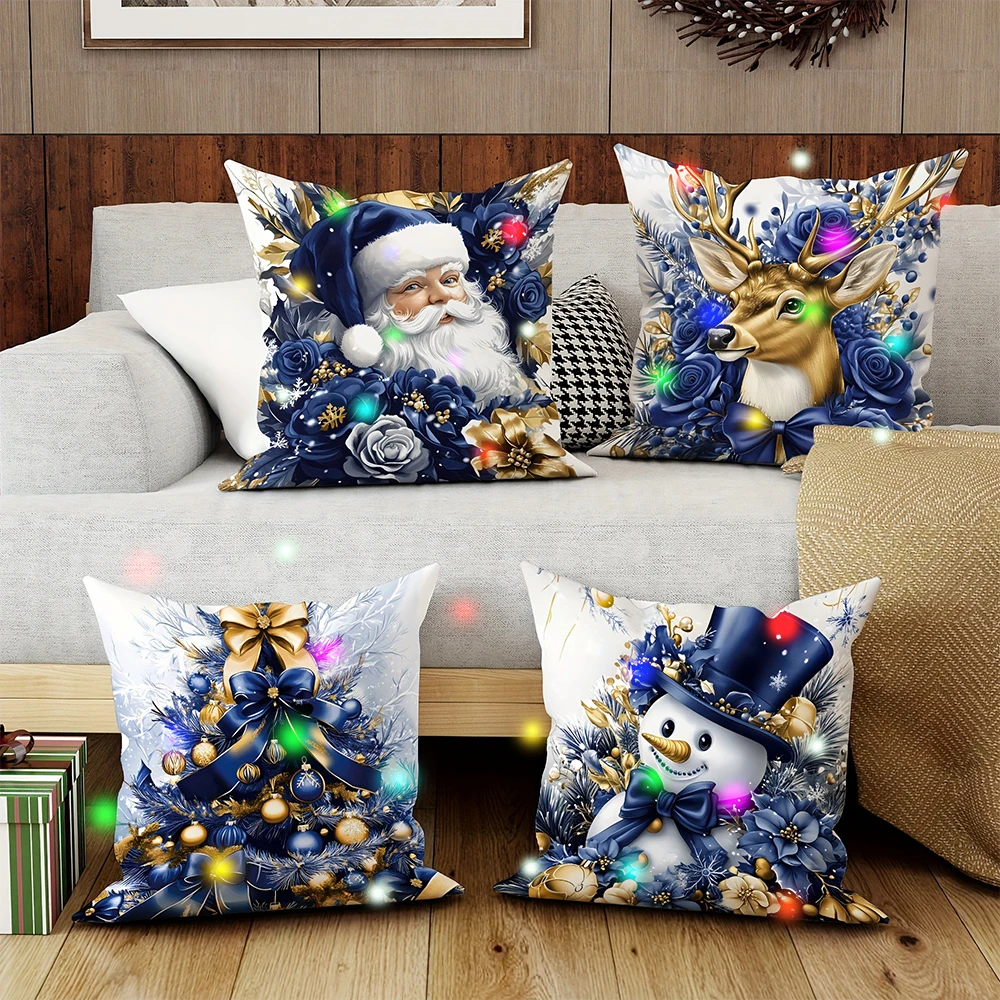 Blue and Gold Christmas LED Light Up Pillowcase Holiday Party Supplies Super Soft Skin-friendly Pillowcase Christmas Decoration