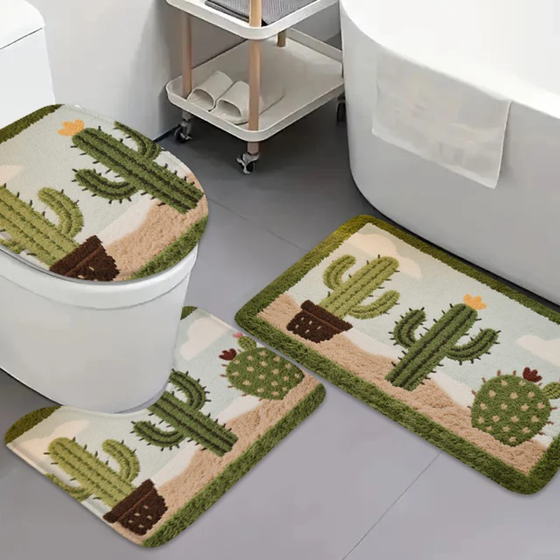 3pcs cartoon cactus flannel bathroom carpet bathroom door mat bathtub absorbent mat toilet lid mat U-shaped anti slip foot mat