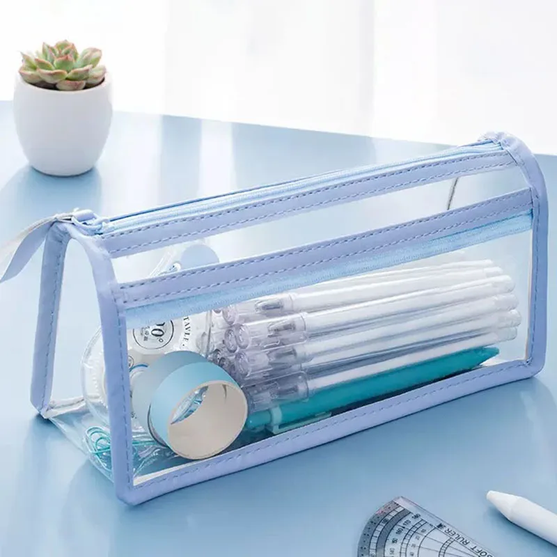Multi-functional Transparent Pen Bag Double Layer Stable Triangle Base Pencil Case Large Capacity Stationery Bag Gift