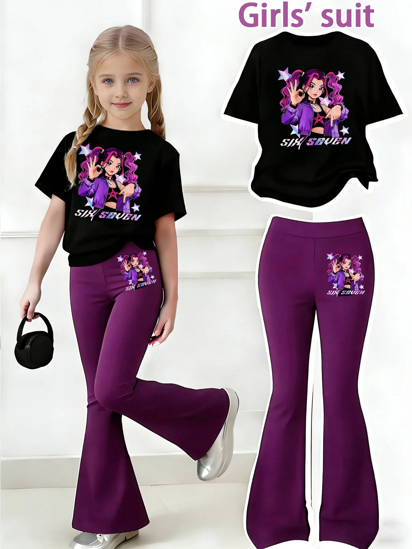 Girls' Summer Casual Outfit: Black Round-Neck Short-Sleeve Top + Purple Flared Long Pants Two-Piece Set with Anime Girl + 