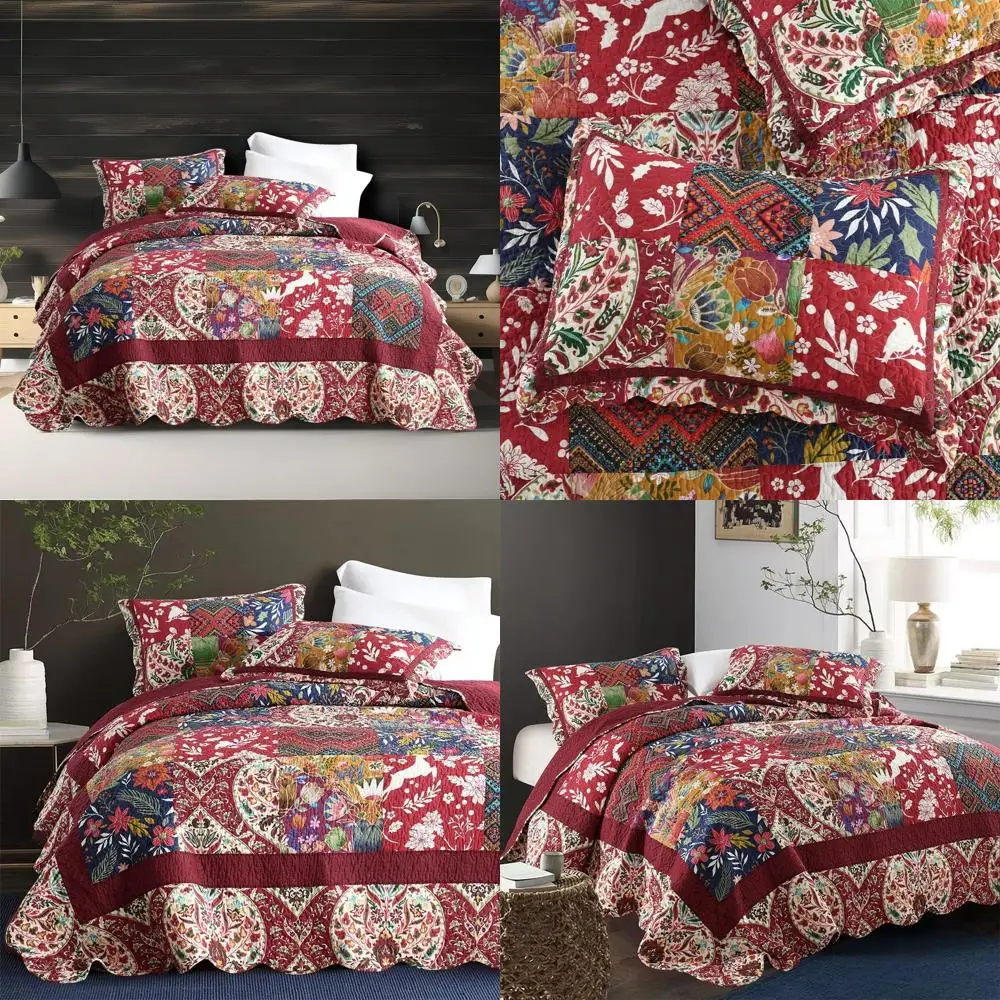 

Vintage Luxury Damask Floral Patchwork Cotton Quilted Bedspread Set with Reversible Coverlet