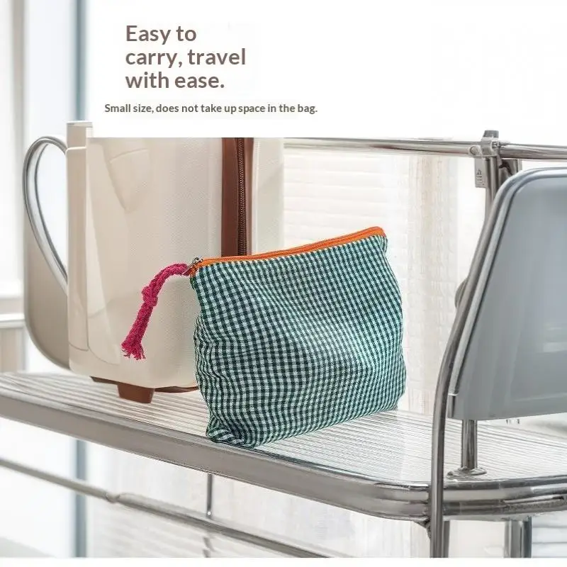 Koreanische karierte Make-up-Tasche aus Baumwolle mit großem Fassungsvermögen, Reißverschluss, Kosmetik-Aufbewahrungstasche, tragbare Reisewaschtasche für Mädchen, Geschenk – Detail 11