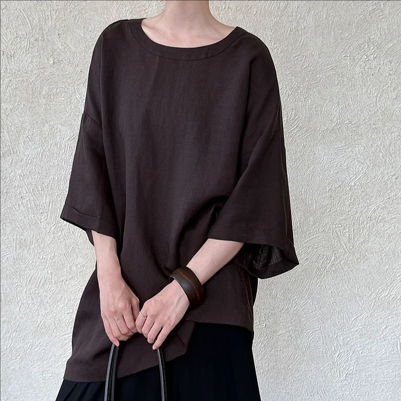 

Summer new casual loose o-neck T-shirt women back bandage short sleeve top