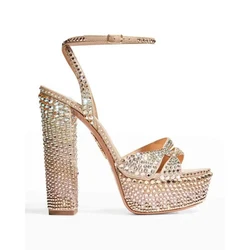 The new Summer 2024 European rhinestone high heels women's leather square heel buckle fashion shoes