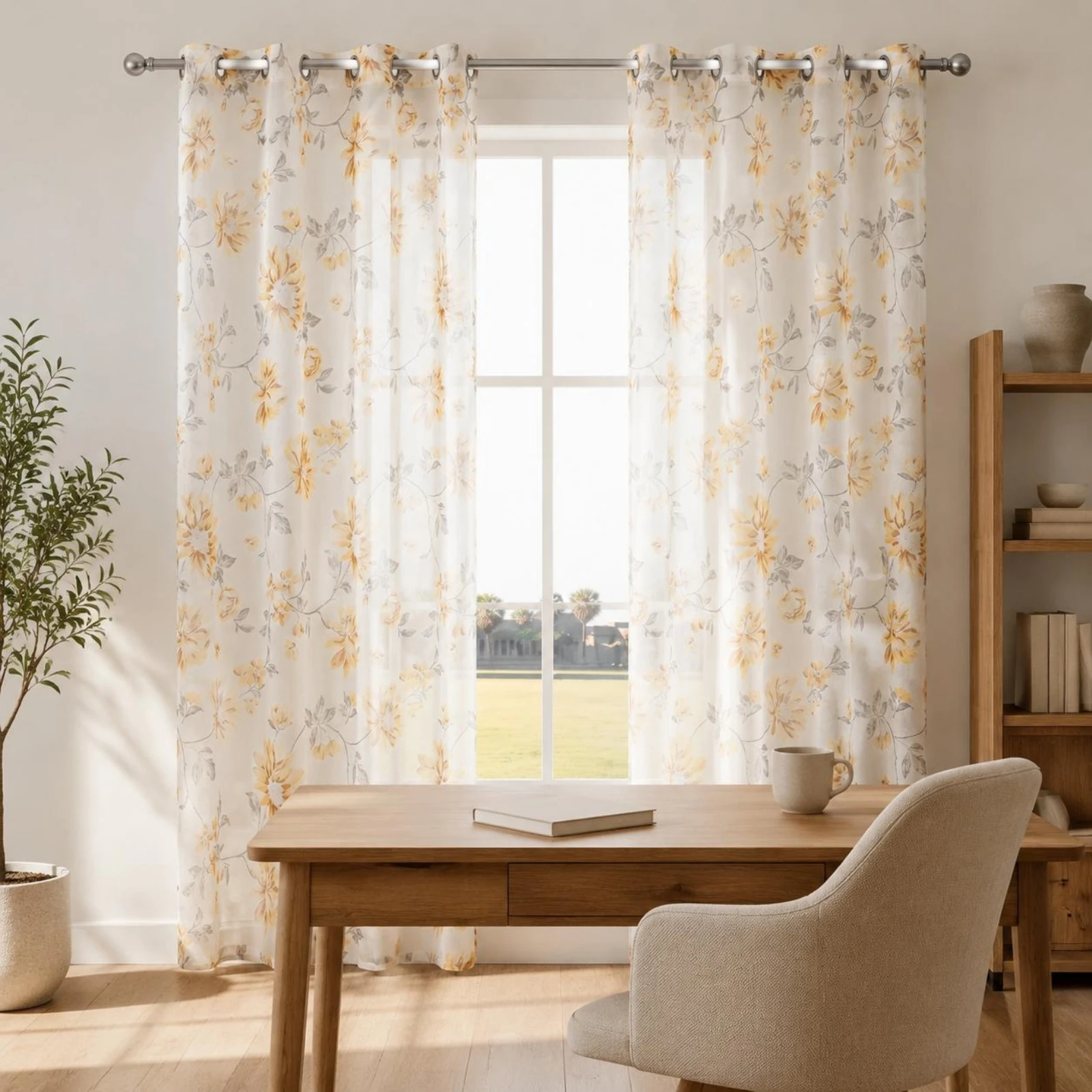 Grommet Top Translucent Curtain Translucent Foliage Print Curtain Panel Foliage Print Drape Woven Look Window Covering Textured