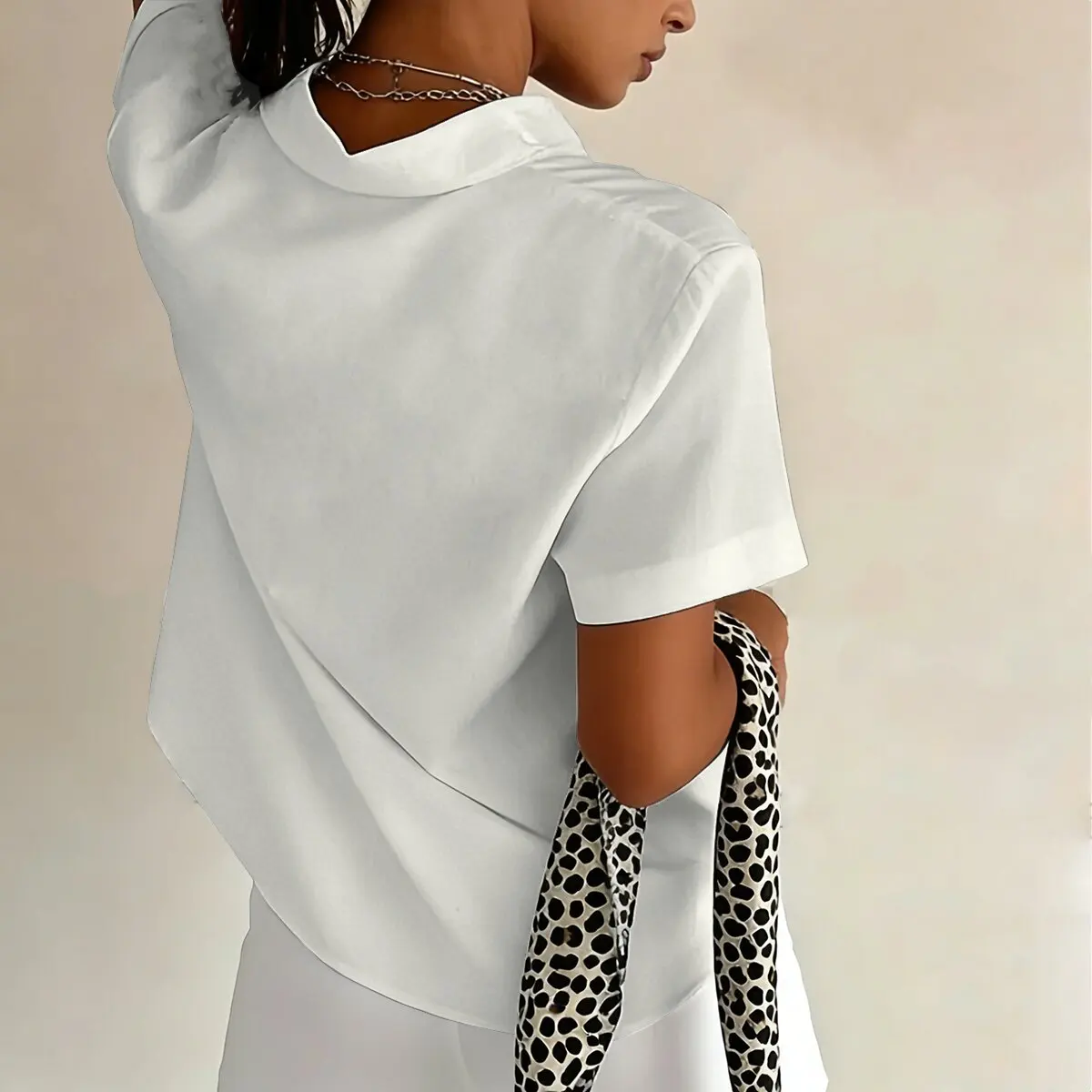 Summer Fashion Plus-Size Women's Short-Sleeve Lapel Shirt, White Base with Black Cat Pattern, Stylish & Cute, Perfect for Casual view 4