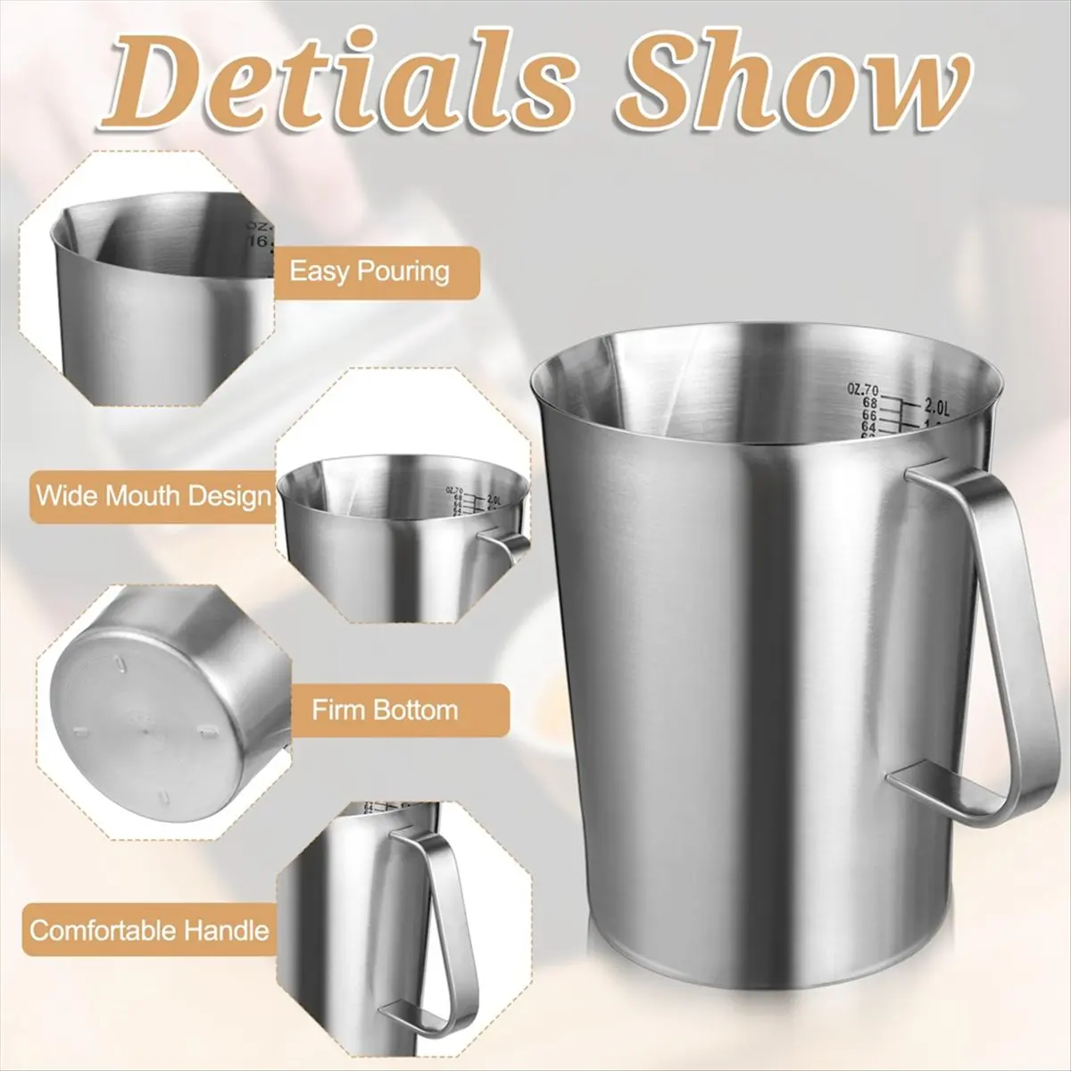 3 Pieces Stainless Steel Measuring Cups Metal Pitcher with Oz and ML Marking Measuring Cup,16 Ounce,32 Ounces ,64 Ounces
