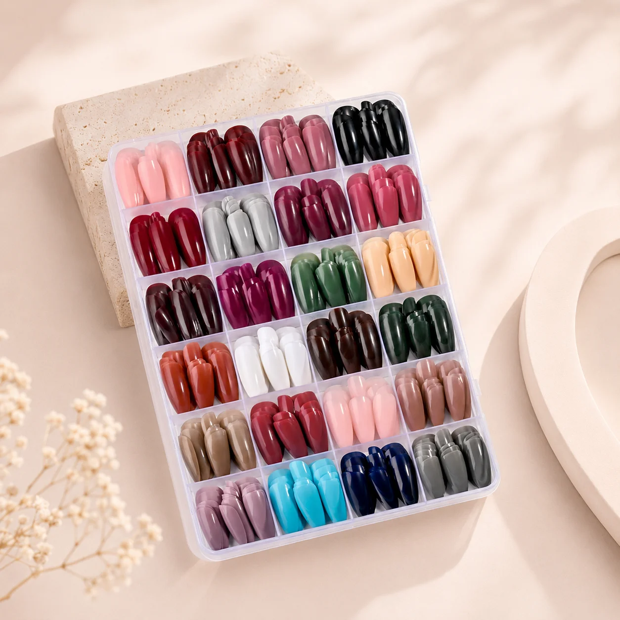576pcs 24-Color Almond-Shaped Press-On Nails, Multicolor Glossy Solid Full-Coverage False Nails, Women's DIY Manicure Set