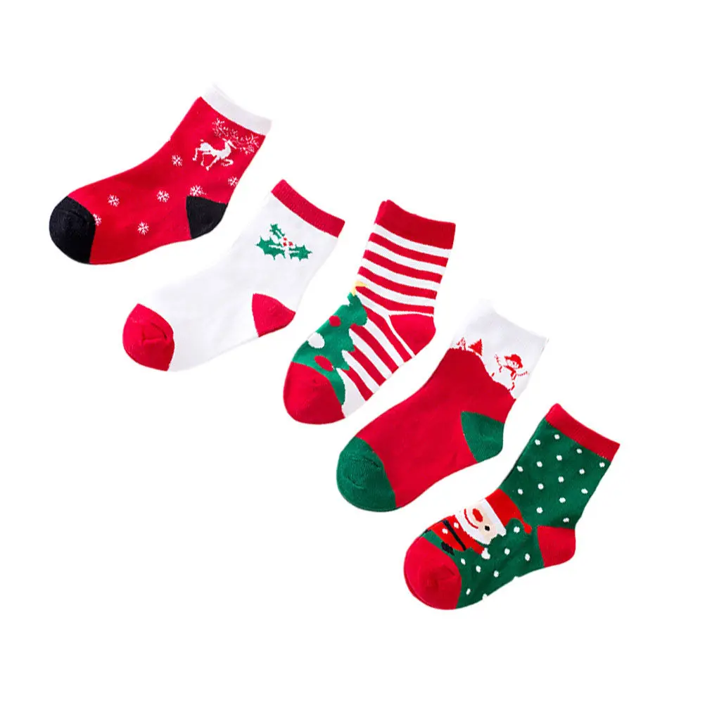 5Pairs Christmas Mid-Calf Socks Cotton Children Stockings 1-3 Years Lightweight Comfortable Sweat-Wicking Socks for Kids