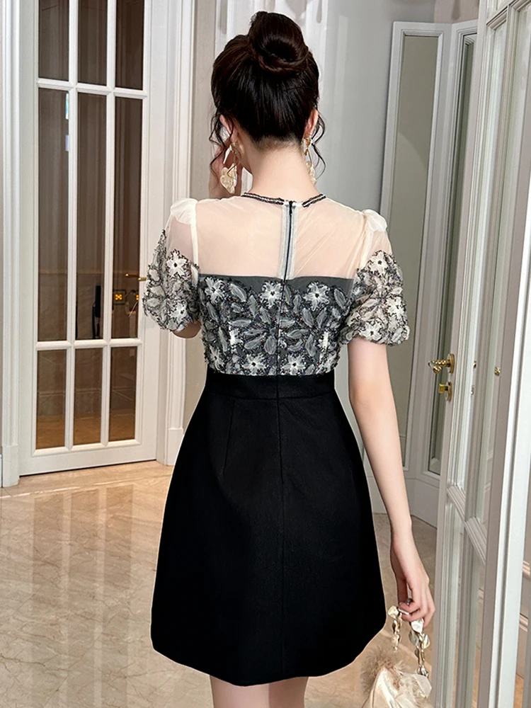 Vestido negro de estilo francés para Mujer, vestido corto Sexy de alta sociedad con empalme de encaje y bolsillo de malla transparente, Vestidos para fiesta y discoteca para Mujer