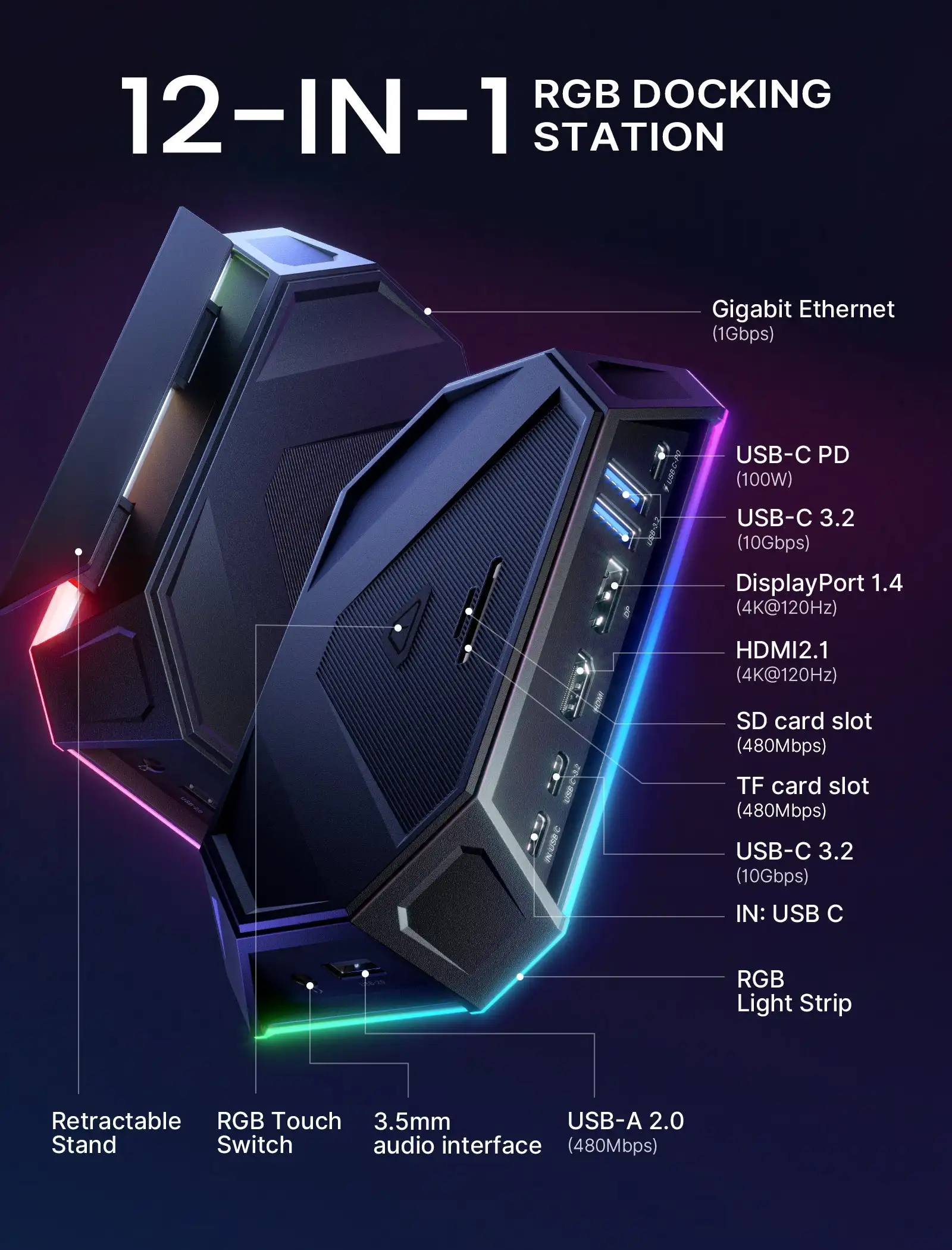 RGB Docking Station for Steam Deck, 8 in 1 Steam Deck Dock with HDMI 2.0 4K@120Hz for Valve Steam Deck RGB Dock Accessories