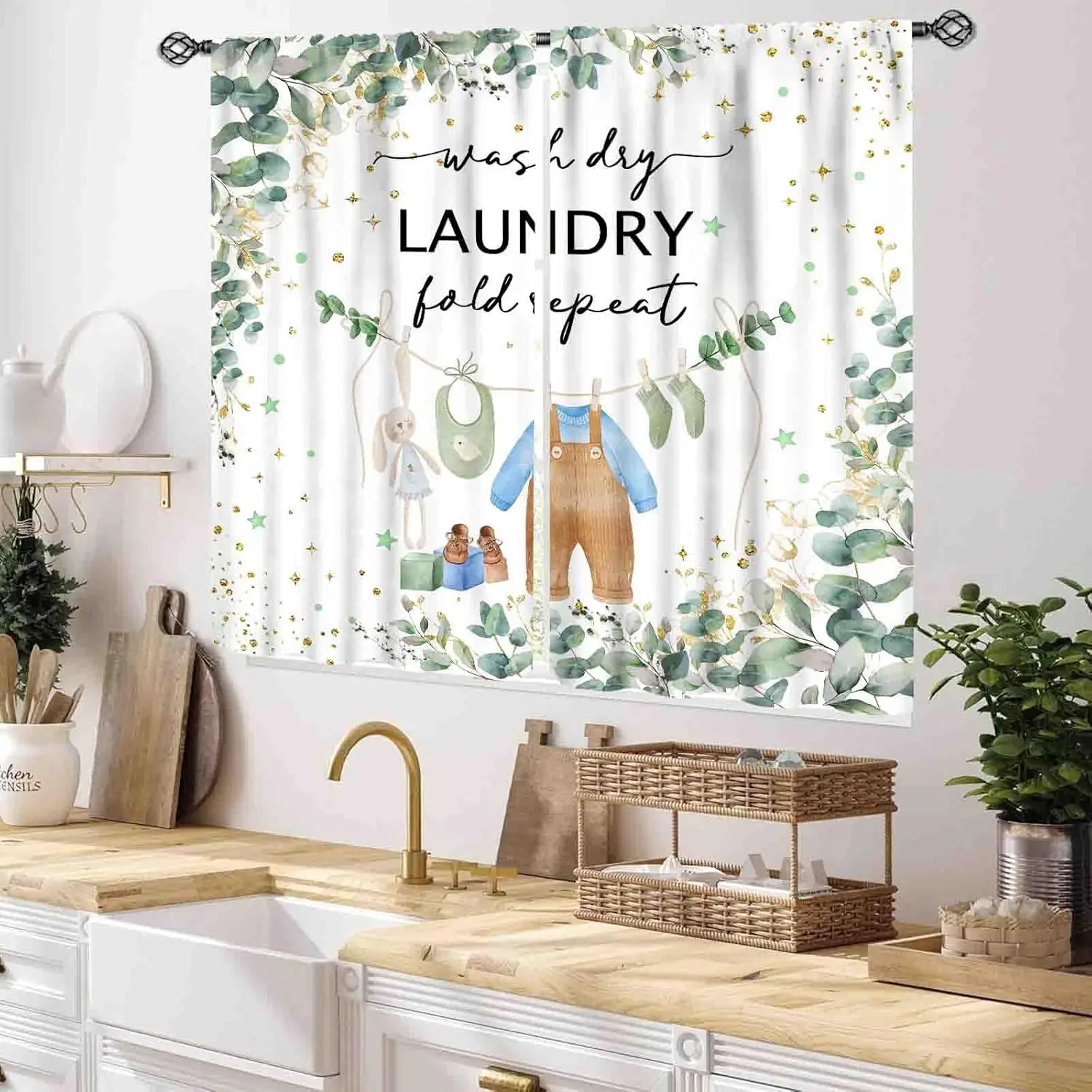 Laundry Room Curtains for Windows, Farmhouse Rustic Watercolor Hanging Baby Clothes Eucalyptus Leaves Green Laundry Drapes for