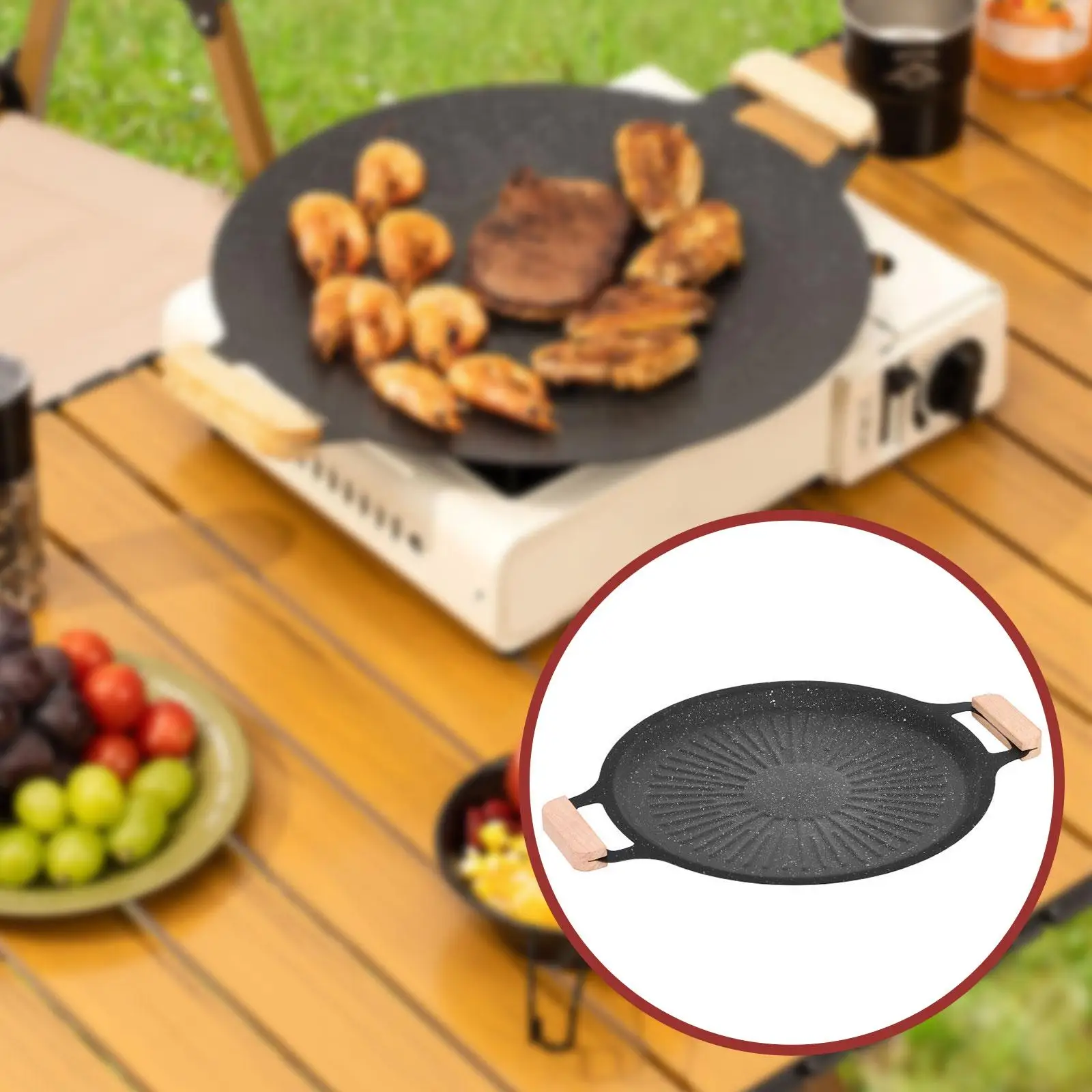 Cast Iron Grill Pan Non Stick BBQ Fry Pan with Ergonomic Wooden Handle for Indoor Outdoor Electric Induction Cooktop