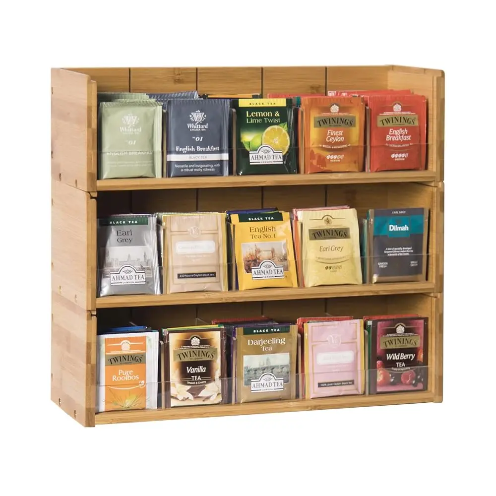 

Bamboo Tea Bag Organizer Storage Box, 3 Tier Stackable Tea Bag Box Natural Wood, Wall Mount Tea Chests With Acrylic For Tea