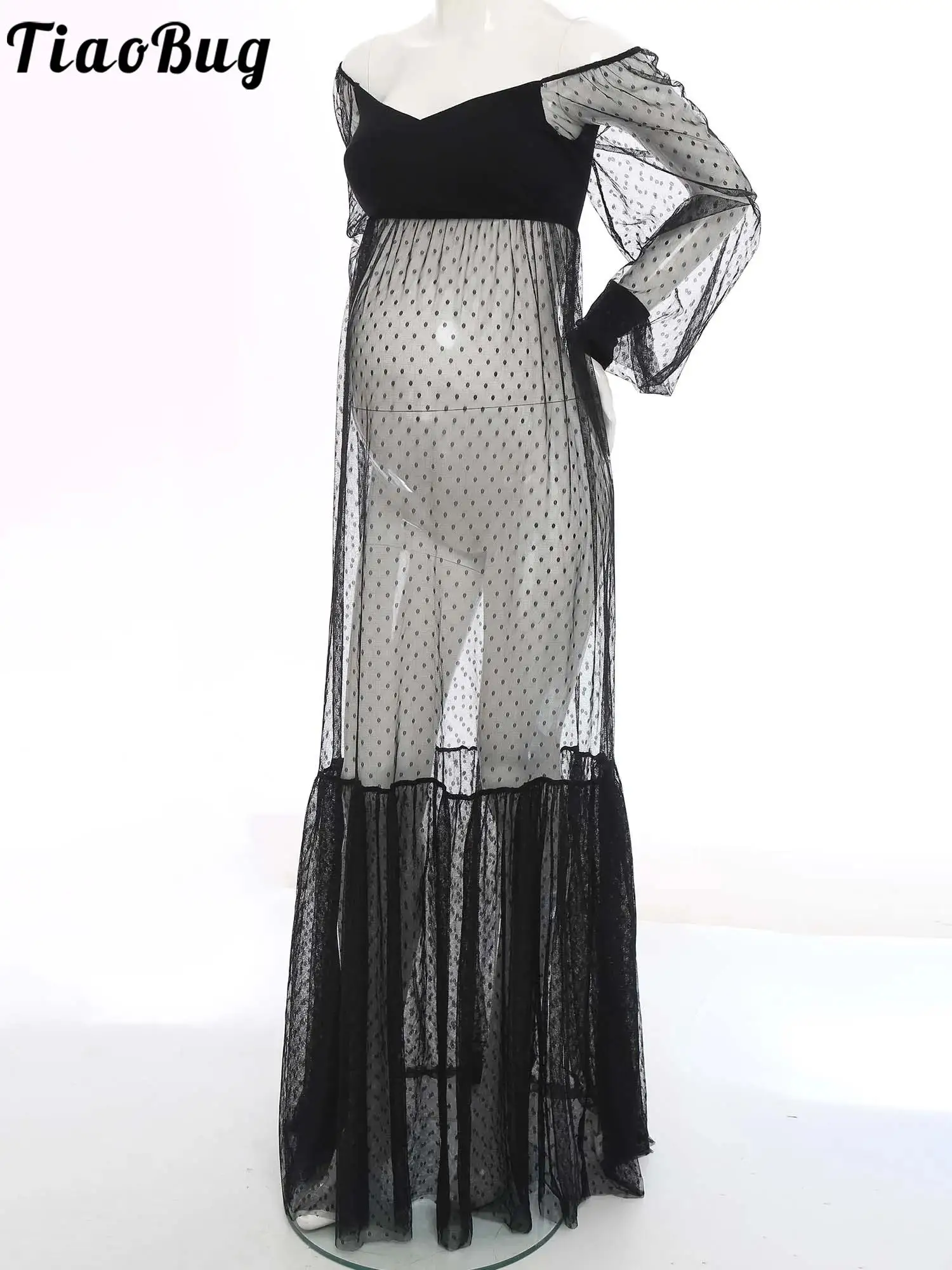 Maternity Dress Pregnancy Women Off-shoulder Bubble Sleeves Polka Dots Tulle Split Dress Photography Pageant Gown Sleepwear