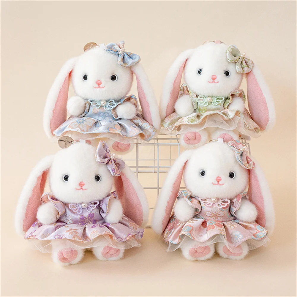 Cute Lop Ear Rabbit Plush Keychain Vintage Floral Dress Bunny Stuffed Doll Bag Pendant  Kawaii Gift for Girls Friends