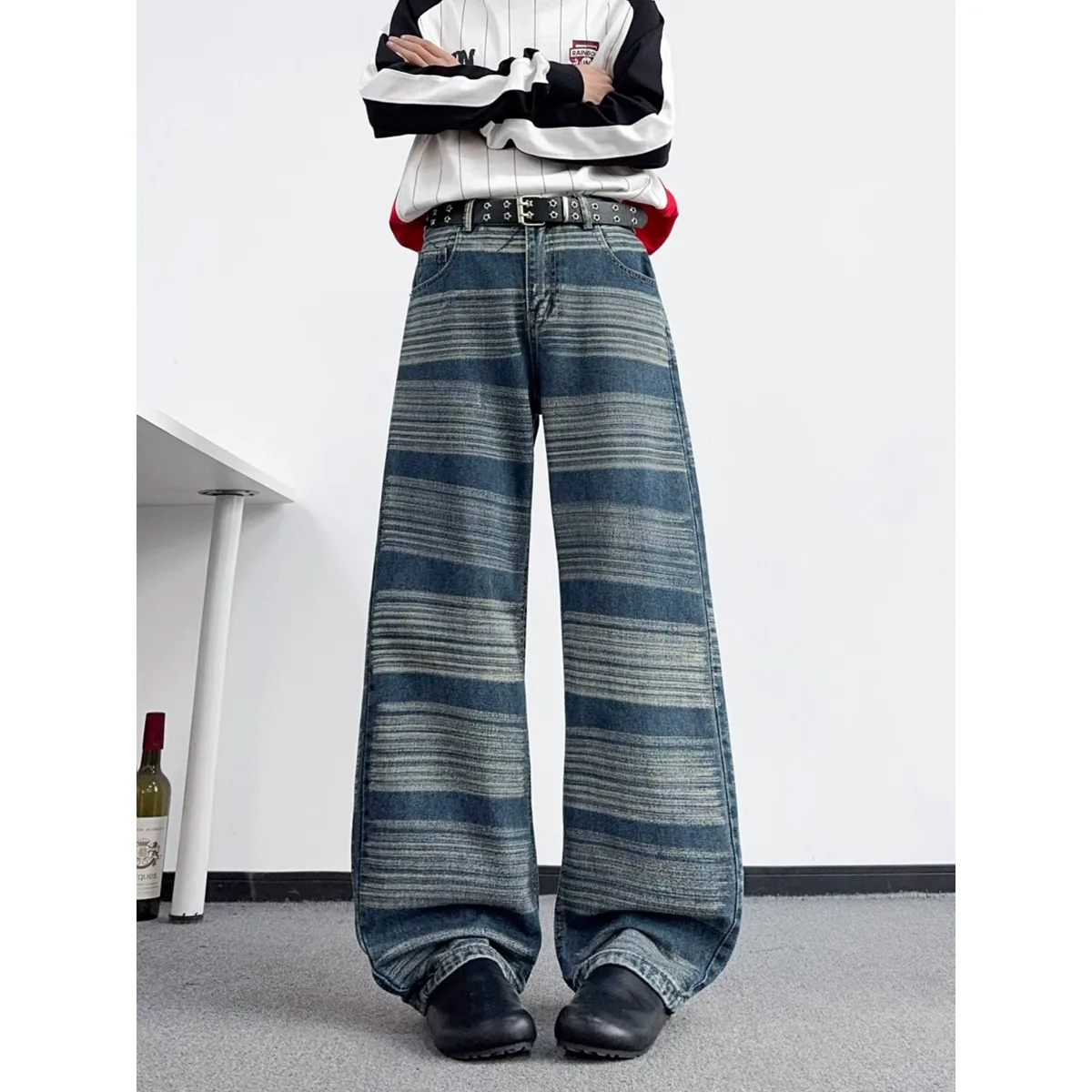 Washed American Color Block Stripe Men's Jeans CleanFit Straight Leg Micro Flare Pants Casual Versatile mid Waist Denim Jeans