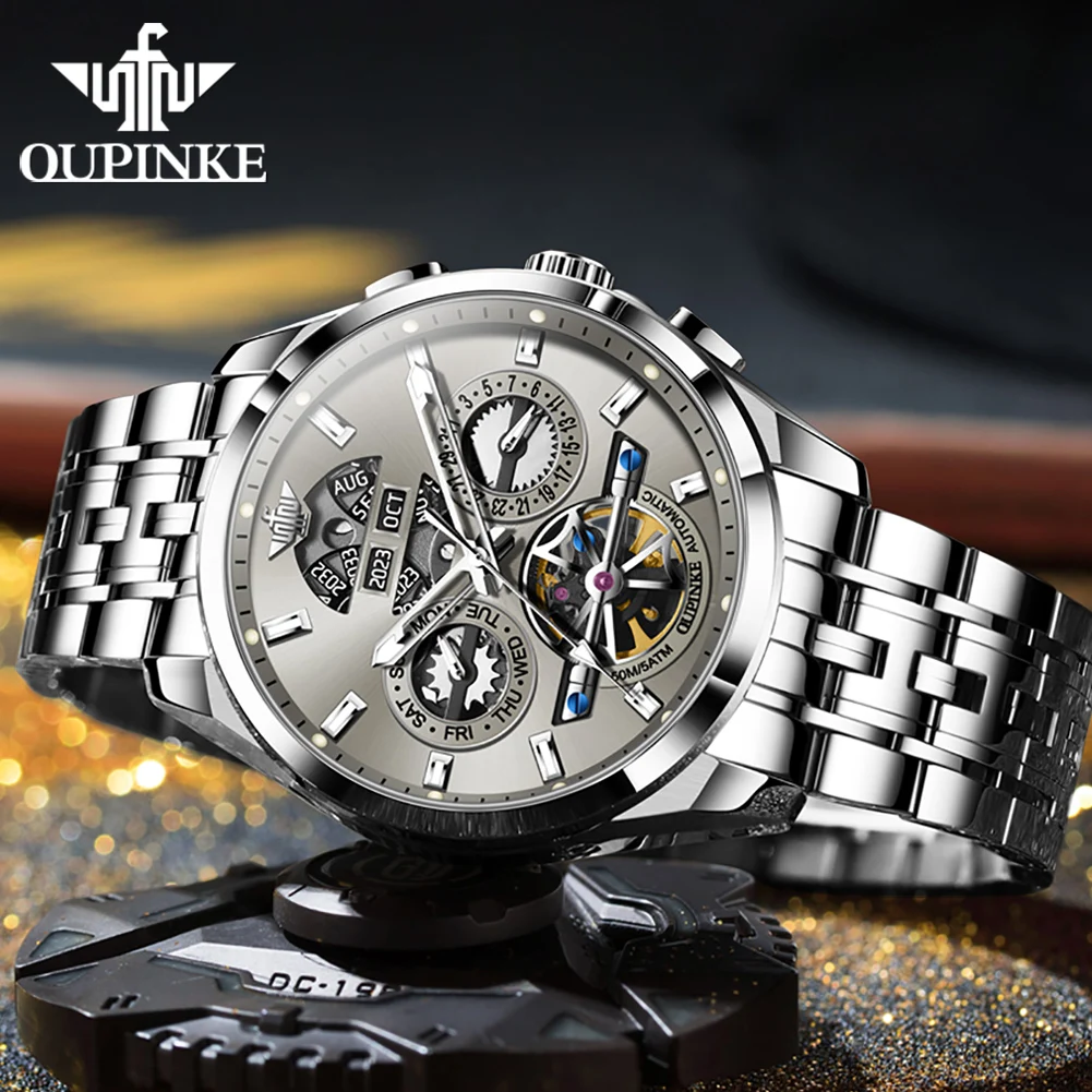 OUPINKE 3251 Automatic Watches for Man Fashion Hollow Multi Functional Mechanical Men's Watches Stainless Steel Waterproof Watch