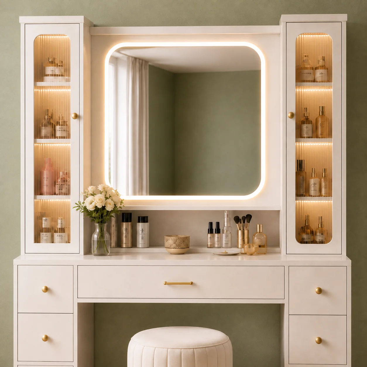 ju- Modern Makeup Vanity Dressing Table with Mirror Storage Drawers Wooden Bedroom Furniture Desk for Hotel and Living Room