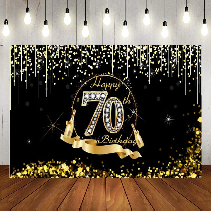 

Happy 70th Birthday Backdrop Banner 70 Years Old Background Decoration Photography Party Supplie Glitter Black Gold Poster Photo