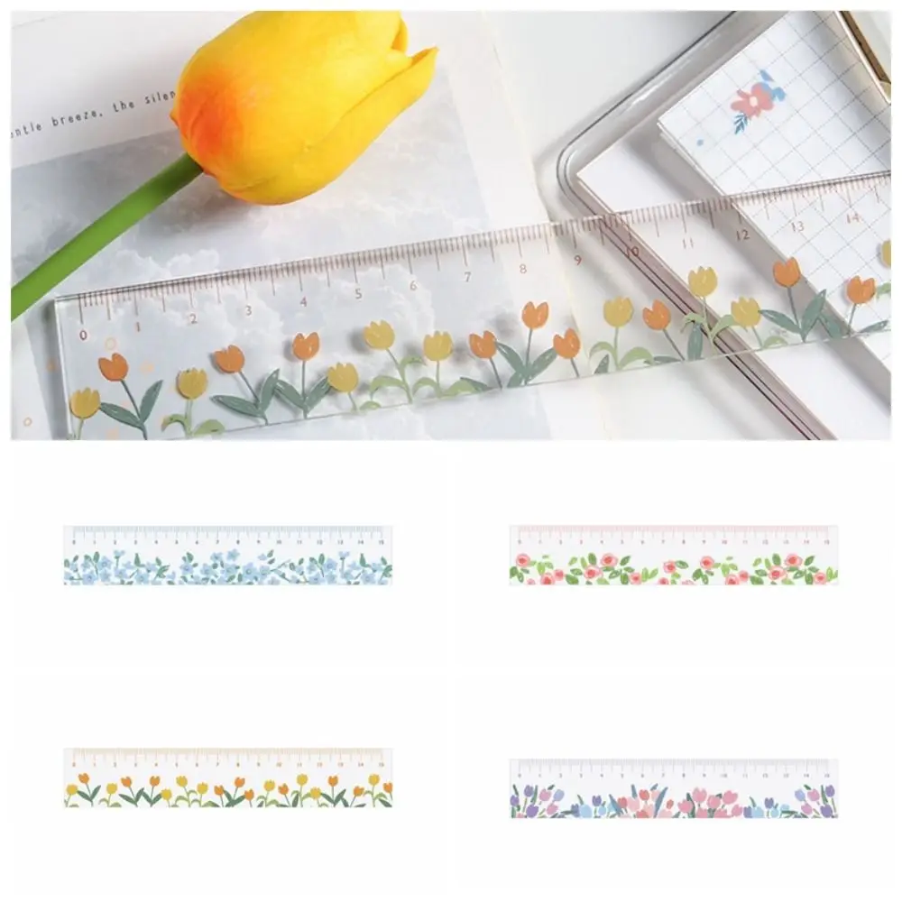 Regla recta multifunción creativa de 15cm, marcador transparente de doble servicio para dibujo de matemáticas, marcador de flor de tulipán acrílico, papelería