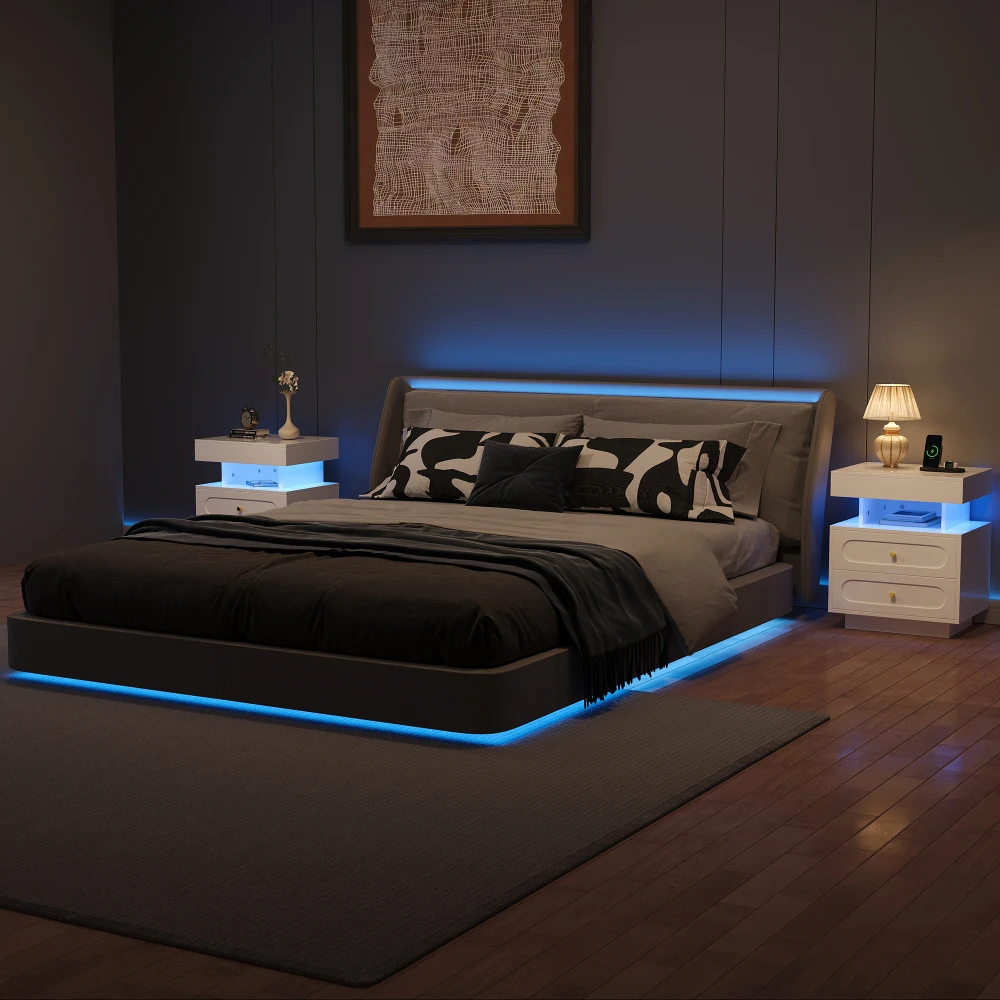 PINGGO LED-Nachttisch, 2 Stück, mit 2 Schubladen, 1 offener Stauraum, weißer Nachttisch, Größe 100 x 40 x 60 cm, Schlafzimmermöbel – Detail 3