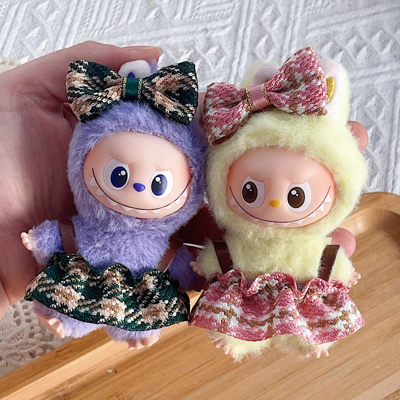 For 10cm 4th Gen Mini Labubu Heart Code Classic Check Pattern Dress, Elegant Checkered Skirt Outfit for Vinyl Doll Clothing