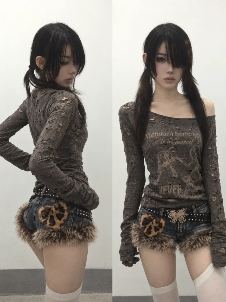 Women Y2K Leopard Print Two Piece Set Korean Fashion Punk Gothic Subculture Shirt Mini Skirt Retro Harajuku Vintage Outfit