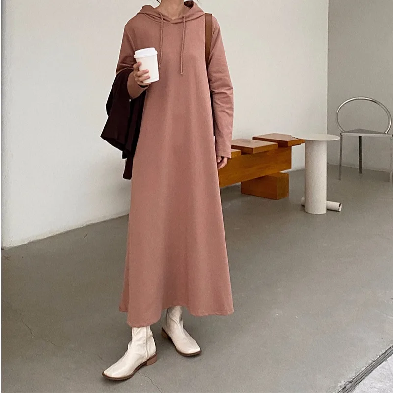 

Женское худи-платье большого размера с капюшоном, однотонное, осенне-зимнее, модное, из хлопка, А-силуэт, длинное