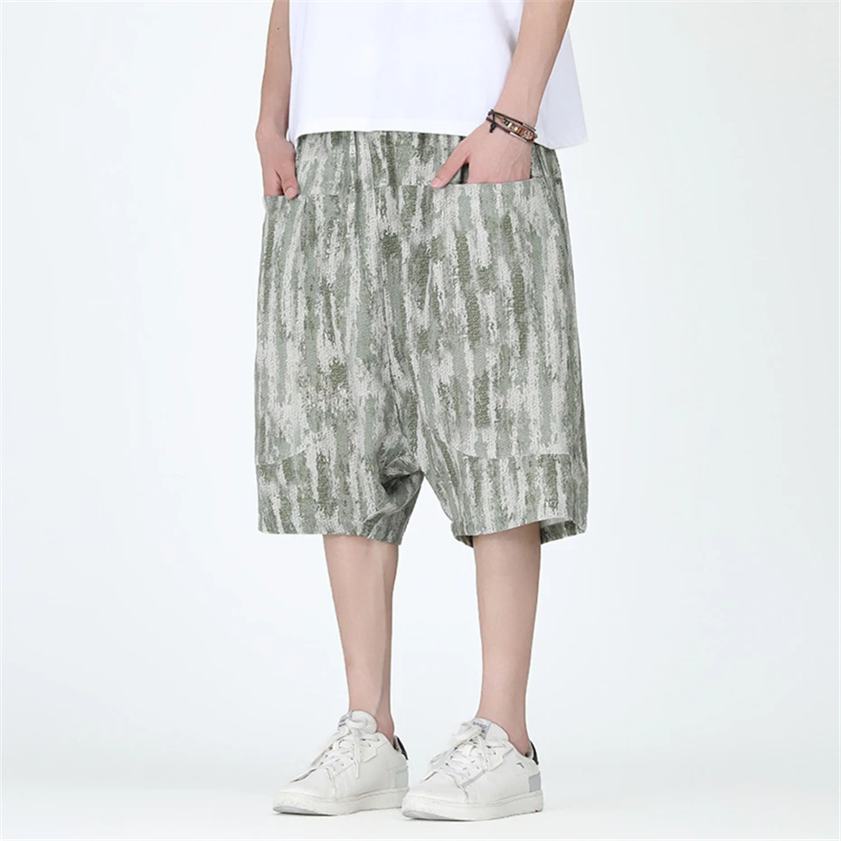 Large Size Summer Cotton Linen Shorts Mens Vintage Print Casual Short Men Harajuku Chinese Style Baggy Knee Length Pants Male