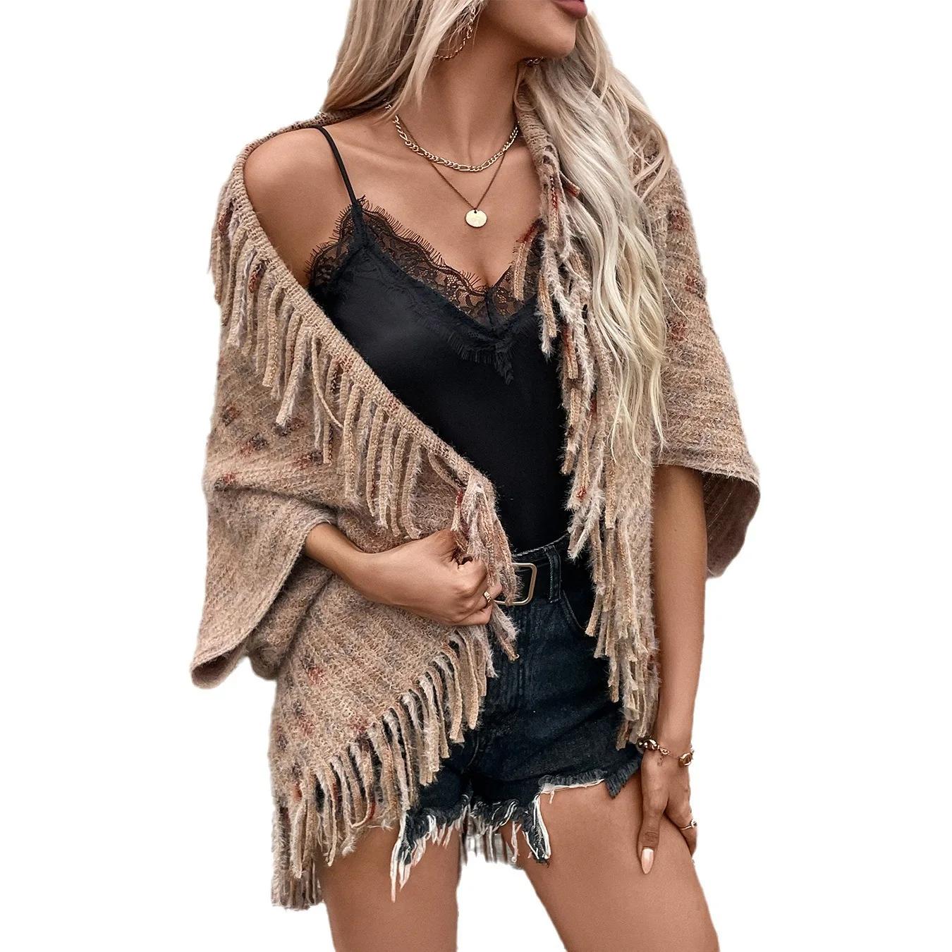 

Color plaid knitted fringed shawl women's autumn and winter new European and American cross-border casual loose sweater cape