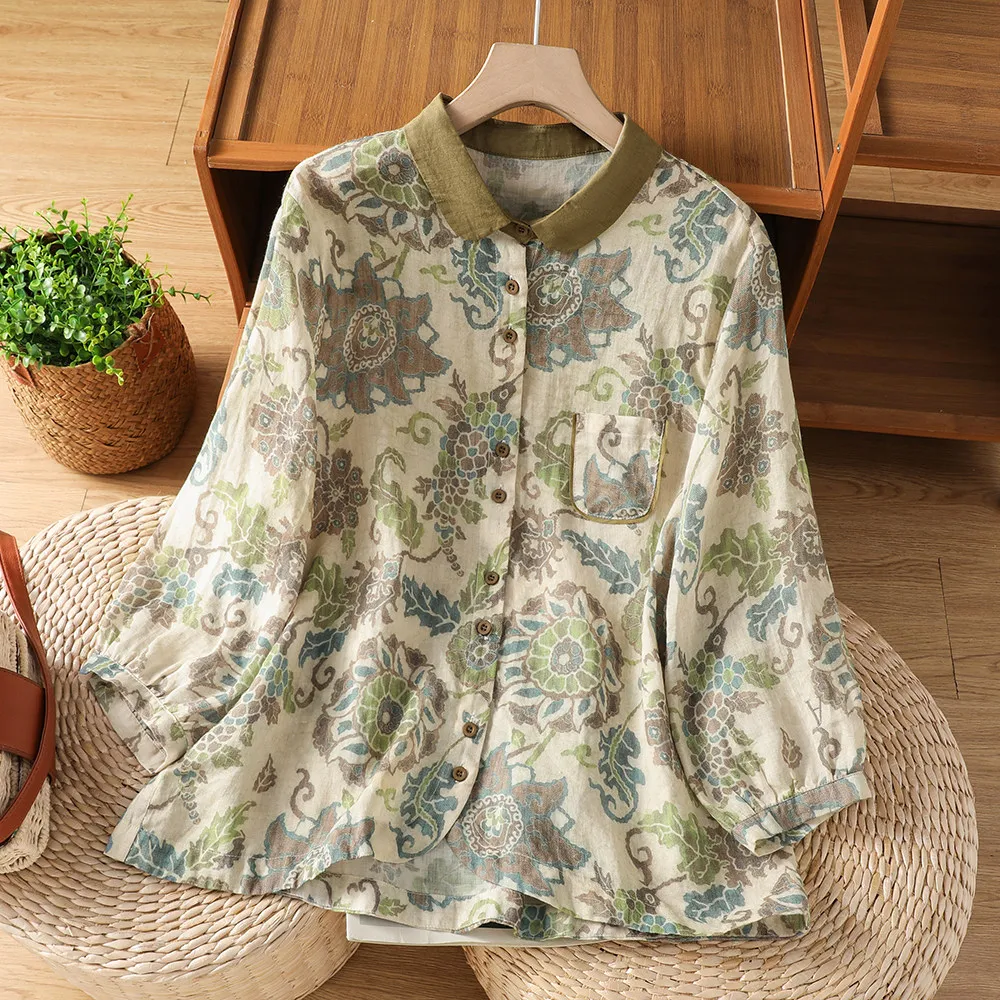 

Винтажная рубашка из смесового льна с цветочным принтом в стиле Харадзюку, с воротником «Питер Пэн», рукавом 3/4, на пуговицах, повседневная блузка, топы в деревенском стиле для сада