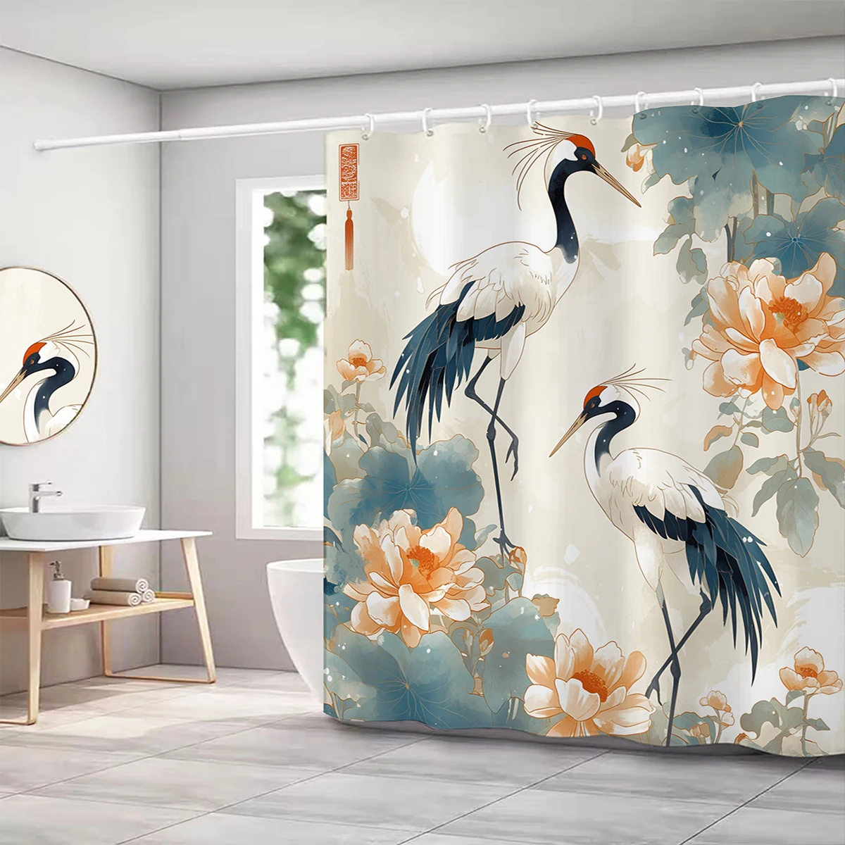 1 pc red crowned crane pattern polyester material shower curtain waterproof fabric, thickened anti mold partition curtain fo