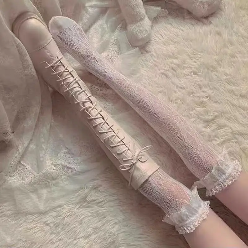 Spring/Autumn Thin Lace Hollow White Thigh High Lolita Socks for Women JK Cute Black Long Stockings image 2