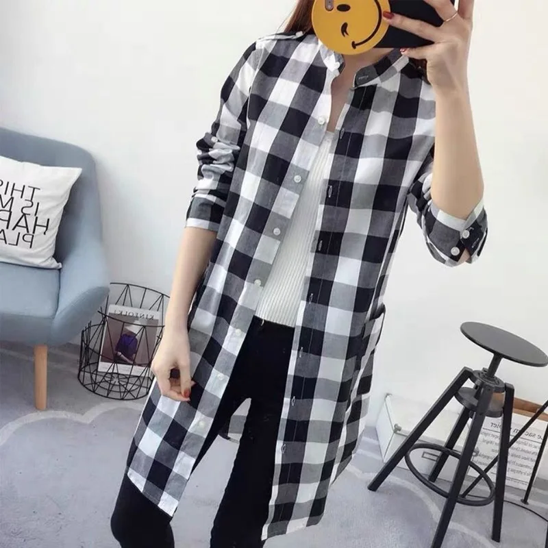 2023 Spring and Summer Art Contrast Color Checker Stand Neck Single Breasted Large Pocket Long Sleeve Casual Mid Length Shirt