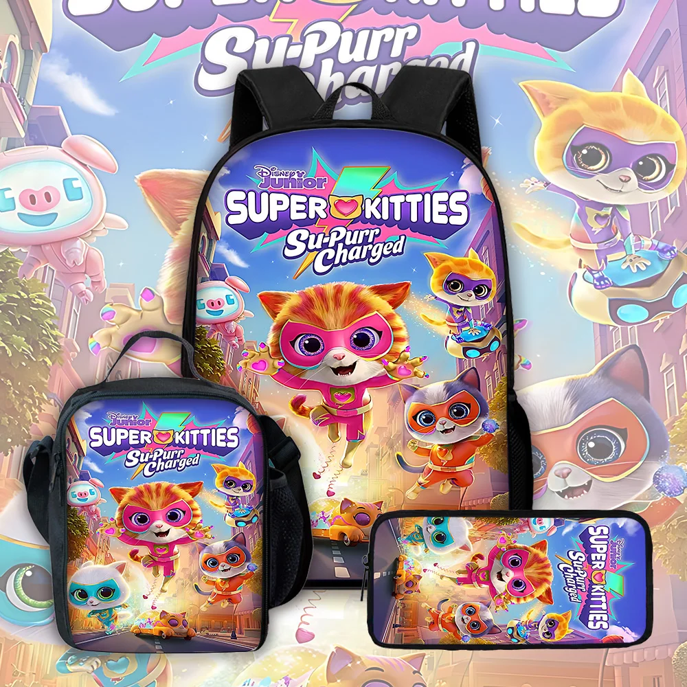 Cartoon Games Super Kitten Squad Child School Backpack with Lunch Bags ,Pencil Bags ,School Bags for Boys Girls Best Gift