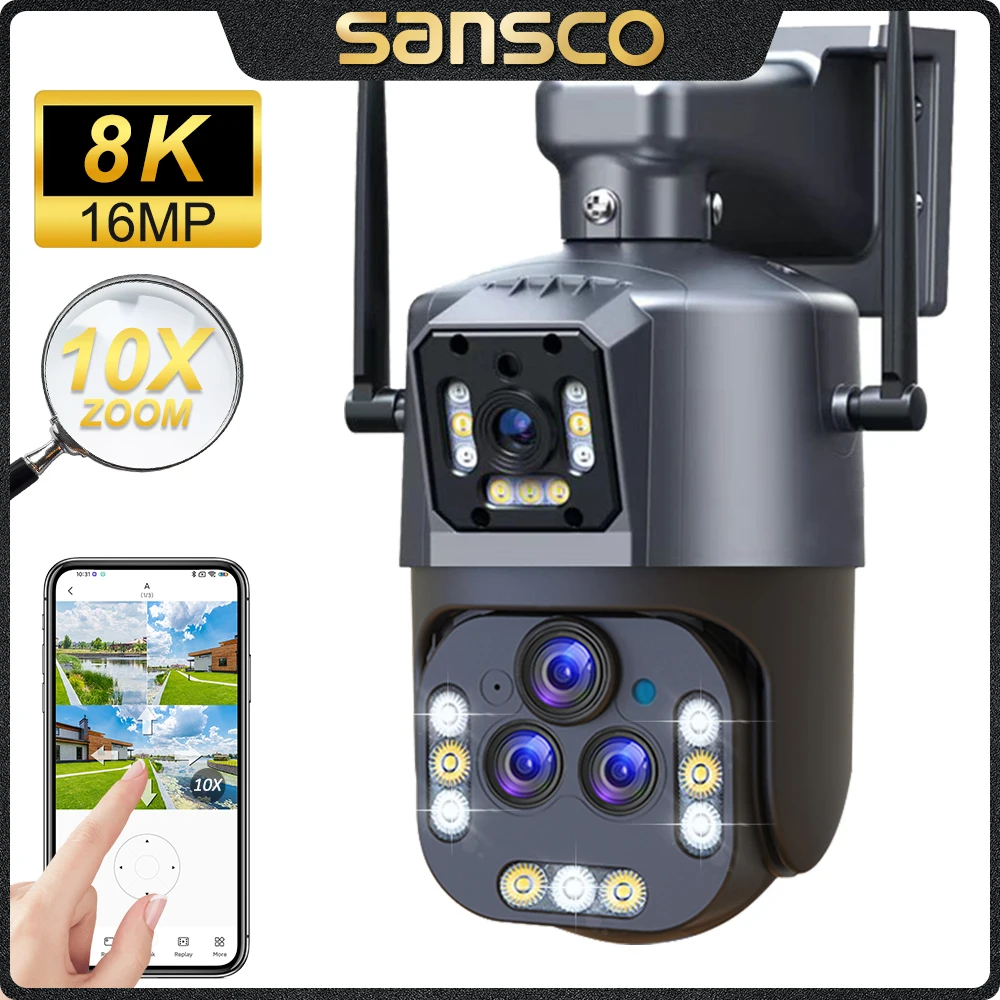 SANSCO 8K 16MP Four Lens WIFI PTZ Camera Dual Screen AI Auto Tracking Outdoor 8MP Security Surveillance IP Camera IPC360 HOME