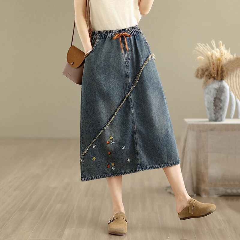 Retro Embroidered Frayed Hem Denim Half Skirt Women's Summer Elastic Waist Drawstring Loose Hip Cover Midi A-Line Skirt Trendy