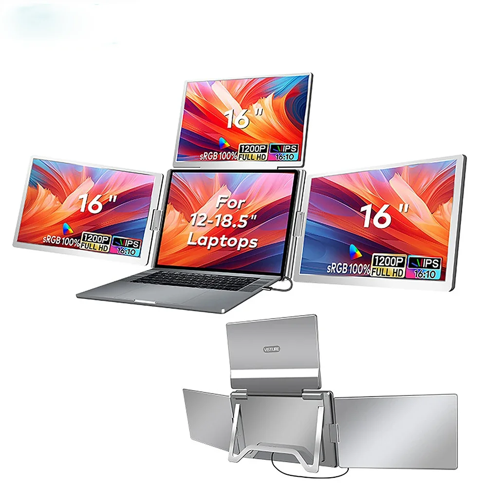 Portable 15.6 Inch LCD Backlit Triple Screen 14 Inch Sub Screen Extender FHD Display Secondary Notebook Connected 1 Cable Type C