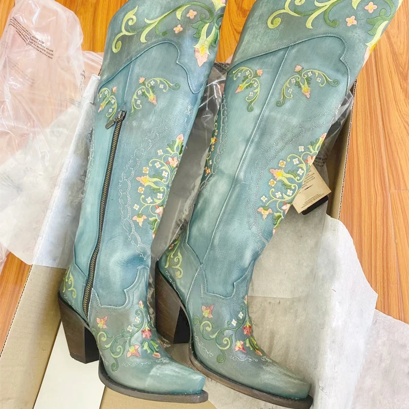 

Vintage Blue Leather Flower Embroidery over Knee Boots Square Heel Western Boots Woman Princess Floral Embroider Knight Boots