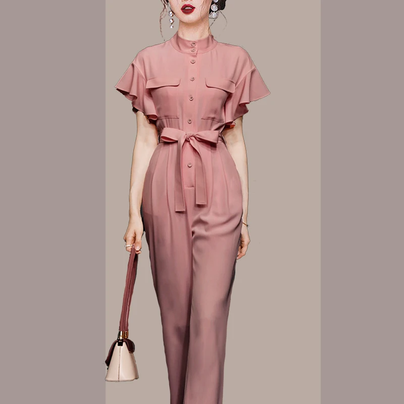 New Elegant Summer Single Breasted Jumpsuits Women Stand Collar Ruffled Sleeve High Waist Office Ladies Belt Romper Jumpsuit