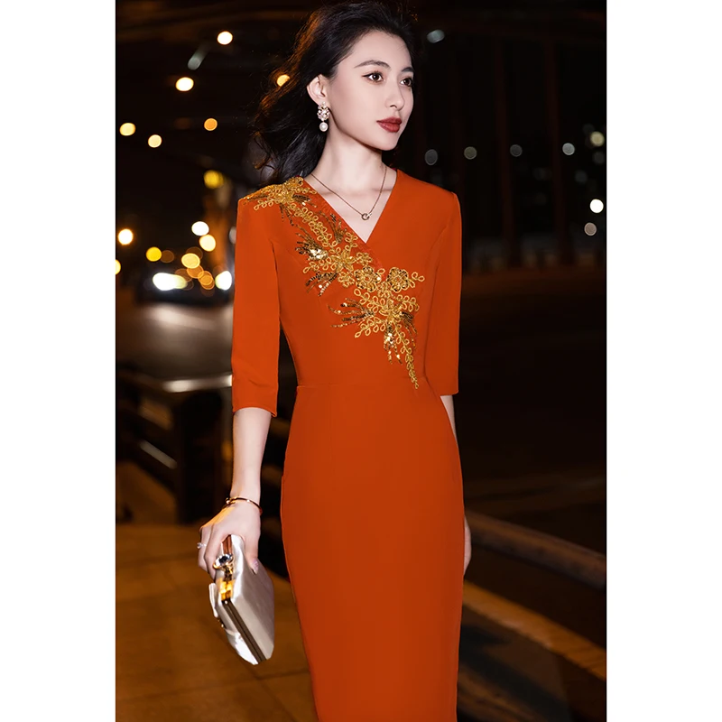 

Ele Evening Gown for Women High-End Luxury Simple Sle Mid-Waist Zipper ort Sve Mid-Length Fi-Tail Dr for Wedd...