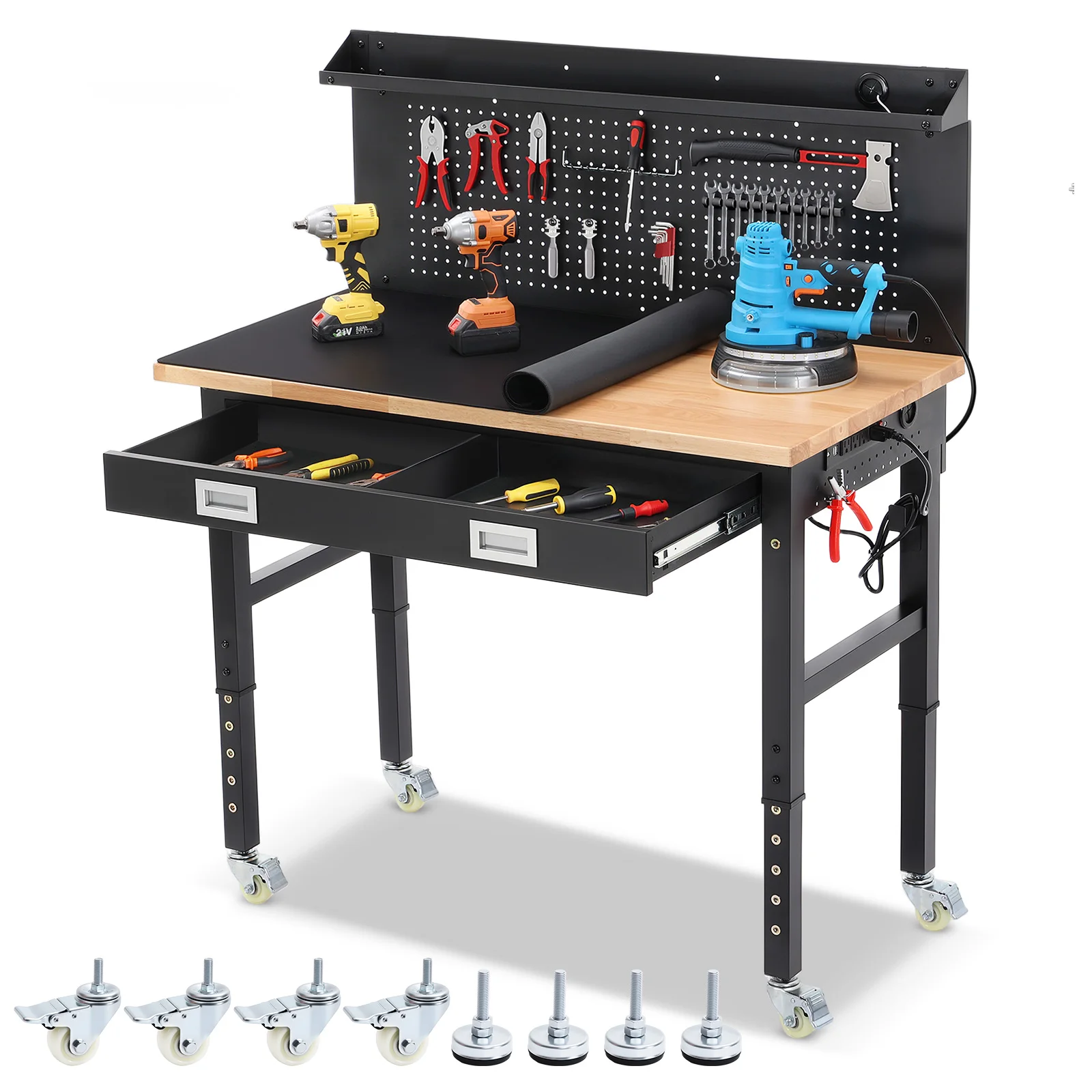 

ENJOYWOOD Рабочий стол для гаража 48-дюймовый сверхмощный верстак из каучукового дерева с колесами, перфорированной доской. Ящики, розетки