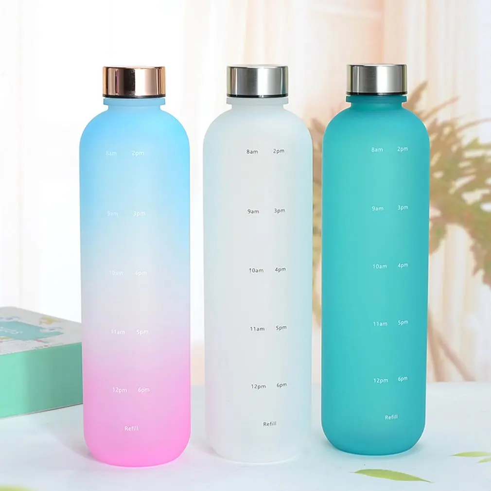 1000ml Sports Water Bottle Drinking Bottle With Bounce Cover Time Scale Reminder Frosted Leakproof Cup For Outdoor Sports