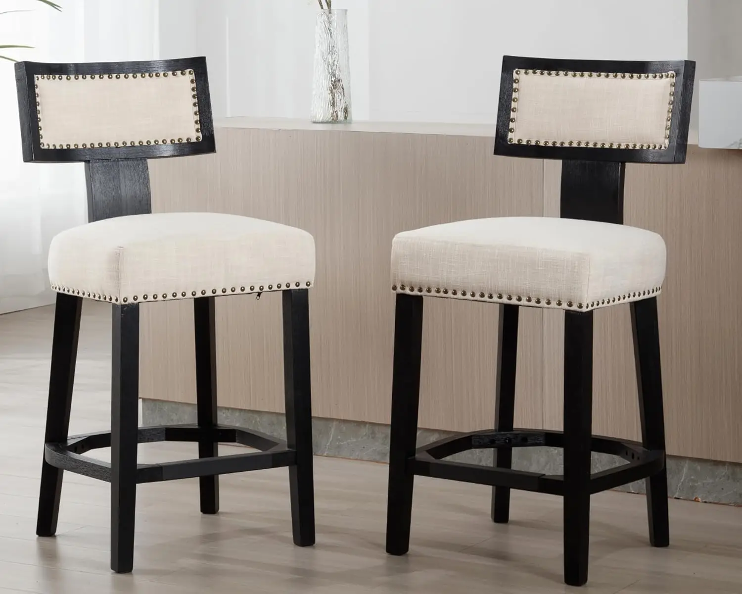 

26.75" Upholstered Counter Stool With Nailhead Trim & Footrest, Wood Legs, Kitchen/Bar/Pub, Set Of 2, Beige, Customized